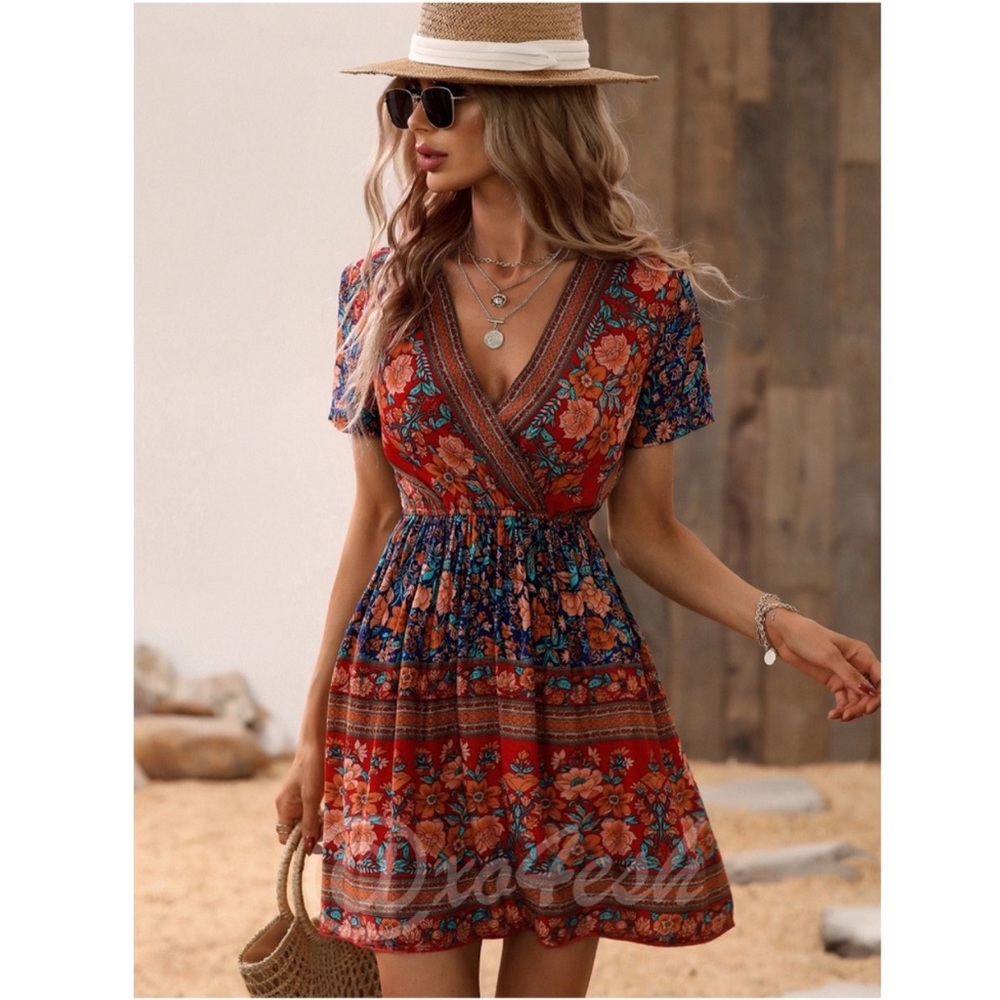 Boho Summer Dress Deep V-Neck Floral Print